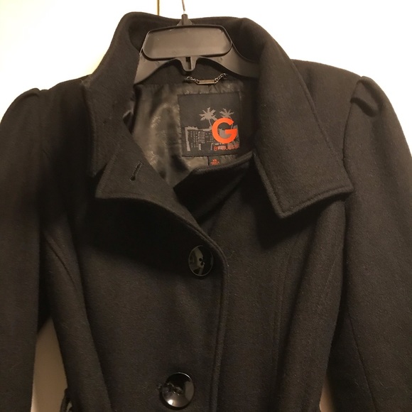 Guess Puff Sleeve Black Wool Blend Belted Coat XS - Picture 3 of 8
